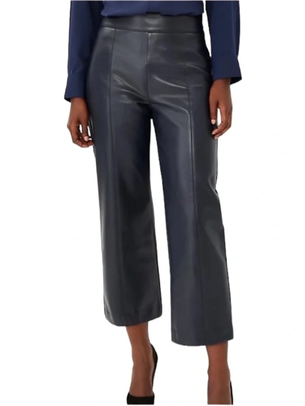 NWT Ann Taylor High Waist Easy Straight Cropped Deep Navy Blue Faux Leather Pant